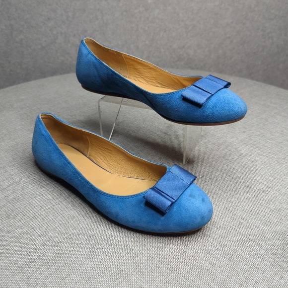 Faconnable Blue Suede Leather Ballet Flats w Ribbon Bow Accent - Size 37 - Picture 1 of 7